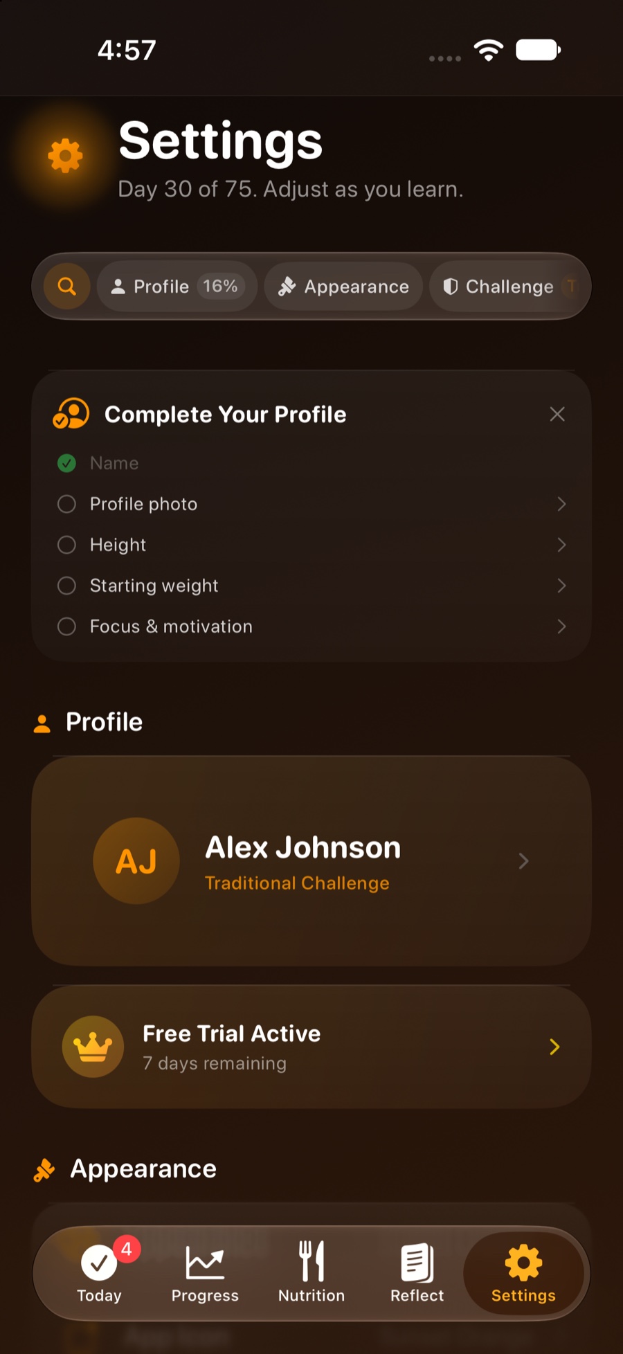 Settings with profile, appearance and units.